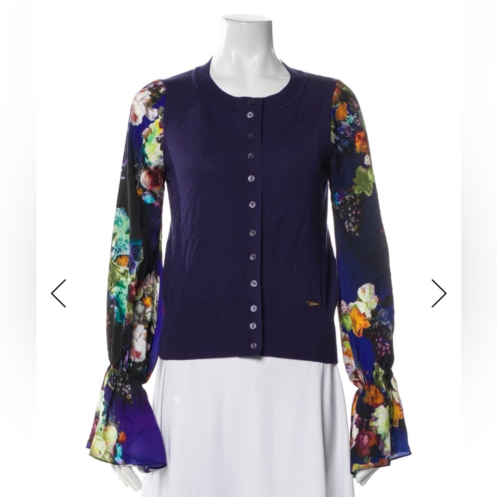 Roberto Cavalli Wool Purple Cardigan with Floral Sheer Bell Sleeves